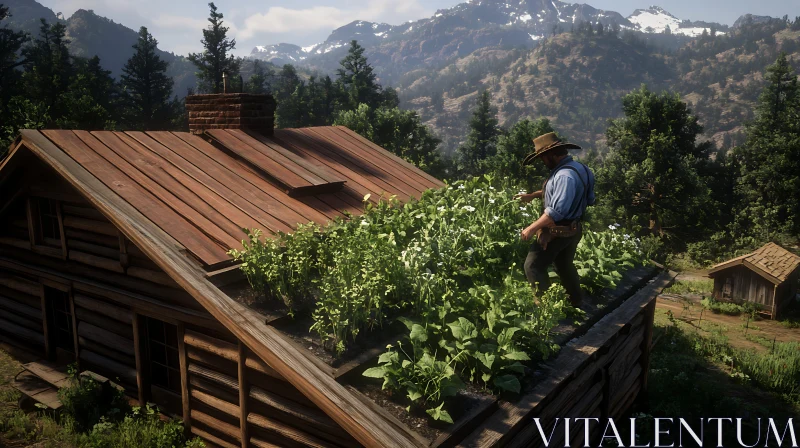 Man Cultivating Plants on Cabin Roof AI Image