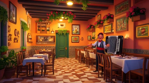 Accordion Player in a Quaint Restaurant