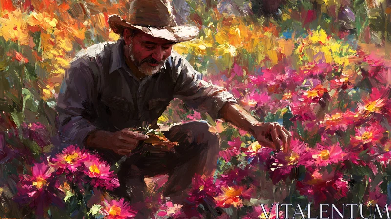 Gardener Among Flowers Fine Art AI Image