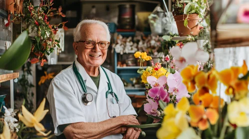 Man in White Coat with Flowers