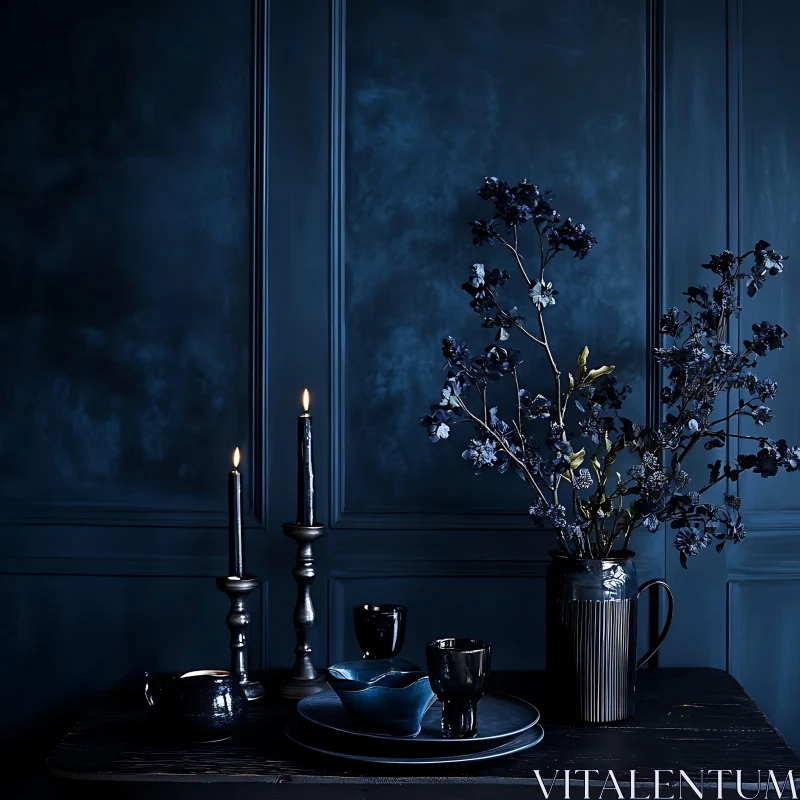 Blue Still Life with Candles and Flowers AI Image