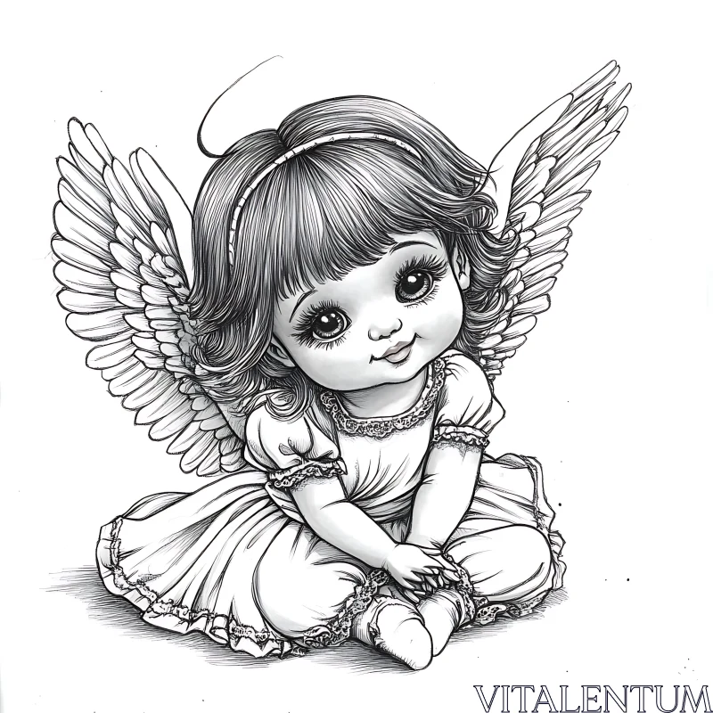 Monochrome Angel with Wings Illustration AI Image