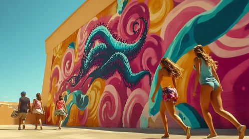 People Walking Near Octopus Mural