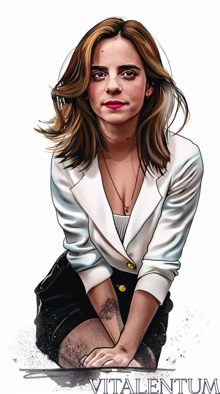 AI ART Emma Watson Digital Artwork in White Blazer and Black Skirt