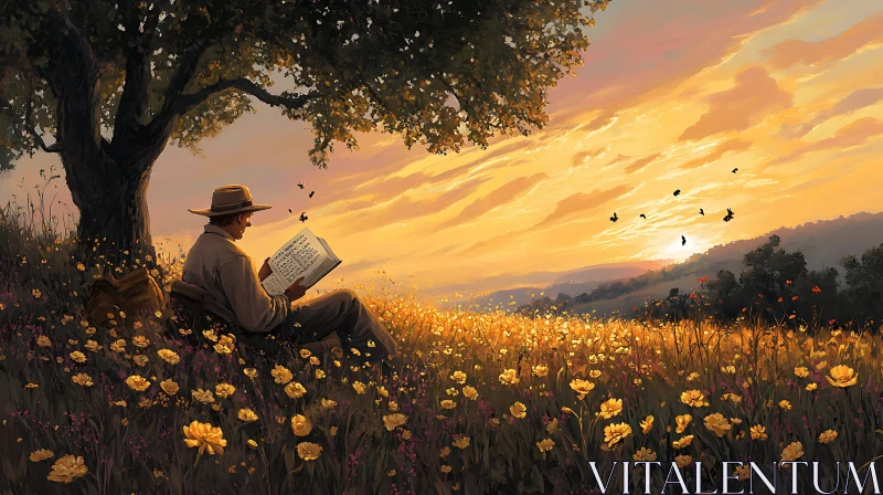 AI ART Man Reading at Sunset in Flower Field