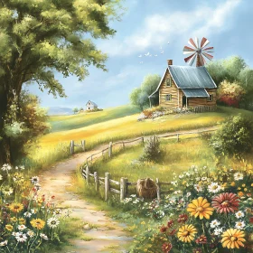 Rural Cabin with Windmill and Flowers