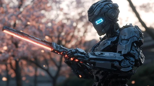 Cybernetic Warrior Robot Under Blossoming Trees