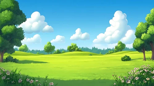 Cartoon Field with Trees and Clouds