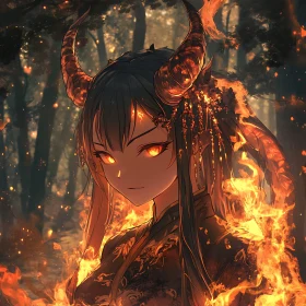 Fiery Anime Character in Forest Scene