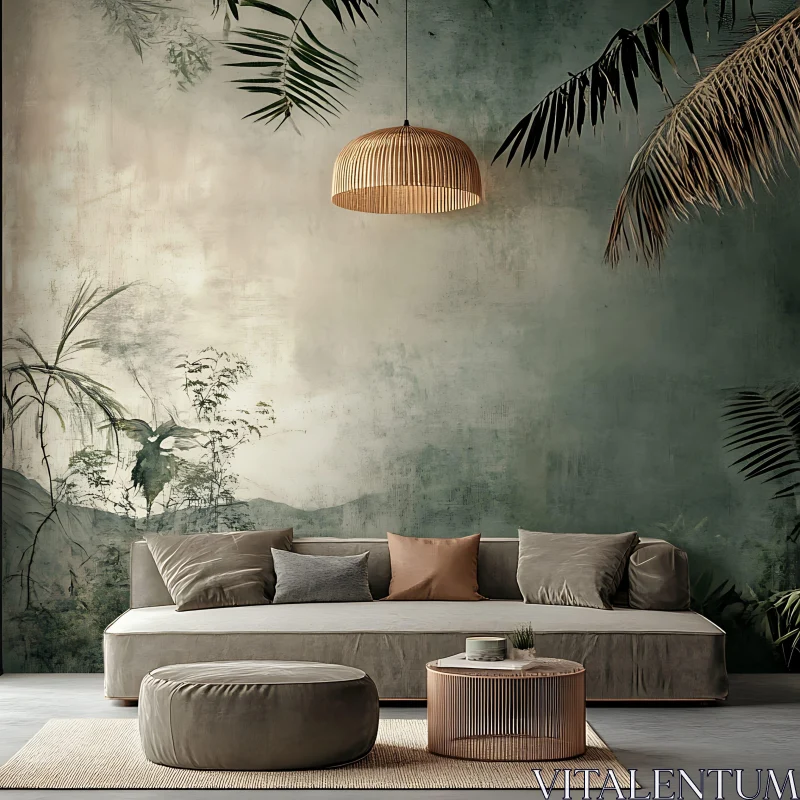 AI ART Serene Tropical Interior with Mural