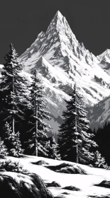 Snowy Mountain Landscape with Pine Trees