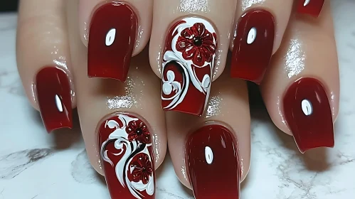 Sophisticated Red and Floral Nail Art Design