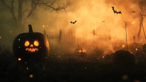 Spooky Halloween Scene with Carved Pumpkins