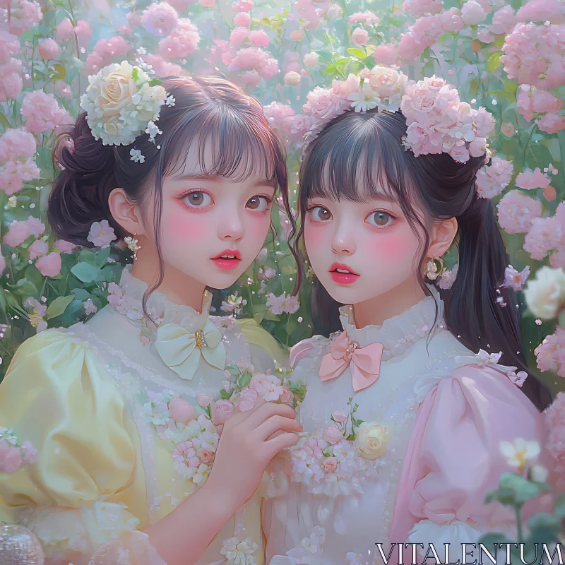 Twin Girls in a Blossom Dreamscape AI Image