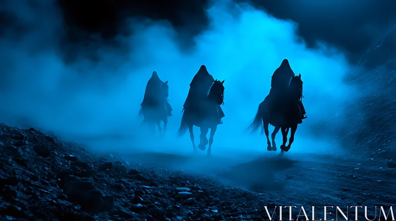 Cloaked Riders in Blue Mist AI Image