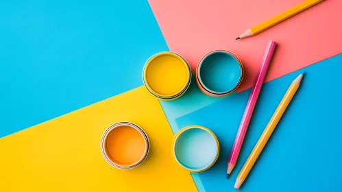 Abstract Still Life with Pencils and Colorful Containers