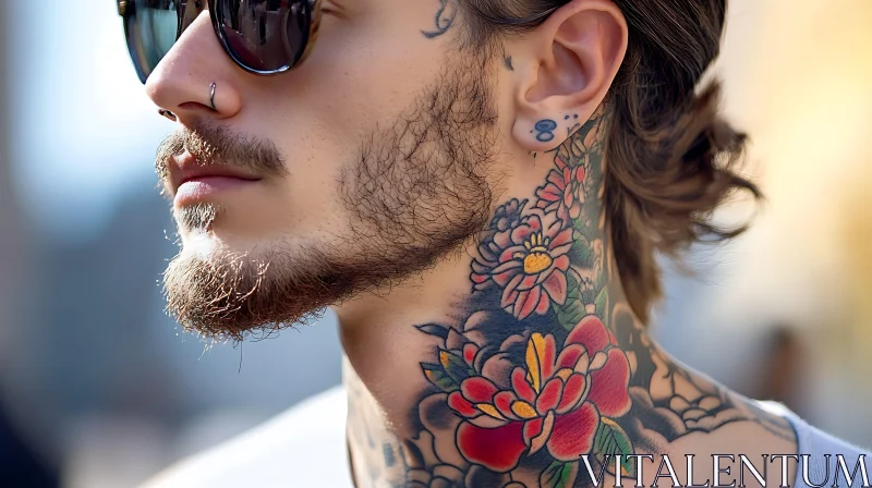 Floral Tattoo on a Bearded Man's Neck AI Image