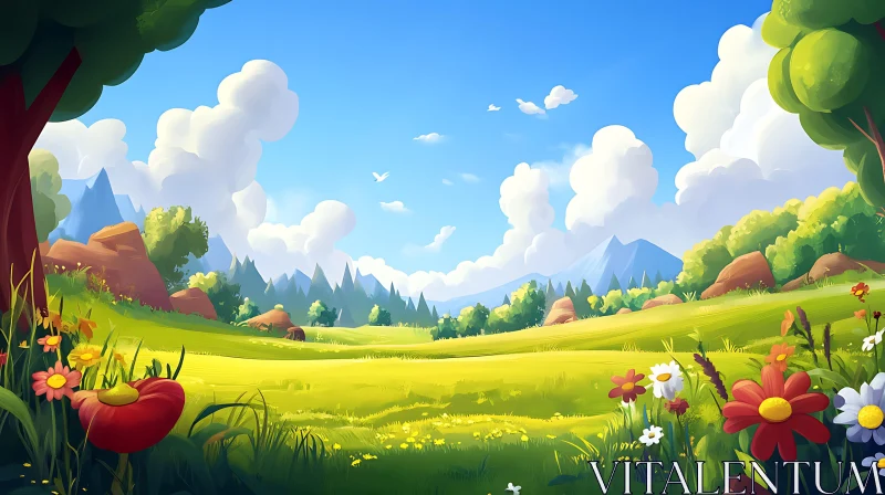 AI ART Scenic Cartoon Landscape of Green Meadow