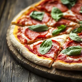 Delicious Pepperoni Pizza with Fresh Basil Leaves