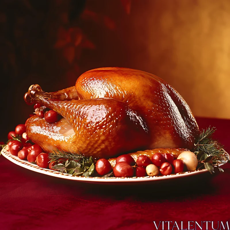 Glistening Roasted Turkey with Berry Garnishes AI Image