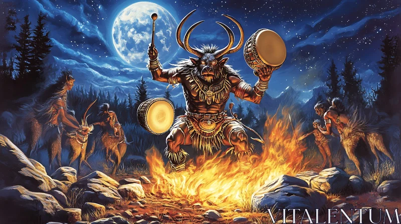 AI ART Mythical Minotaur Drumming Ceremony