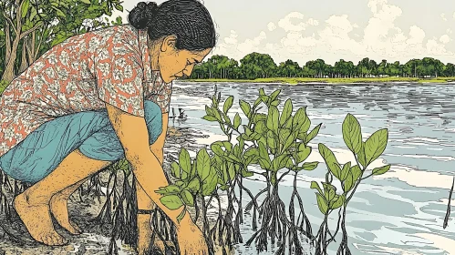 Woman Planting Mangroves by the River