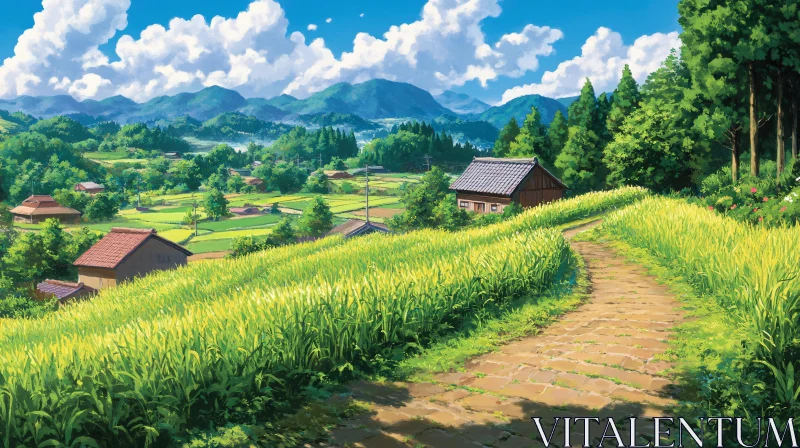 AI ART Lush Meadow Landscape with Village View