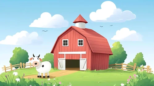 Farm Scene with Cow and Barn