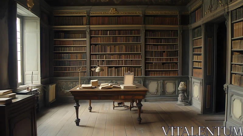 AI ART Vintage Library with Wooden Desk and Books