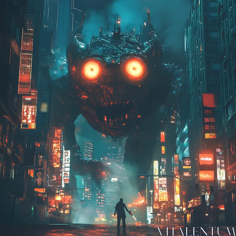 AI ART Neon City Monster Confrontation