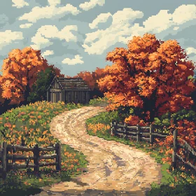 Rustic Cabin in Autumn Pixel Art