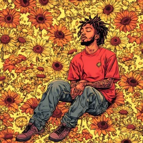 Man Meditating in a Sea of Sunflowers