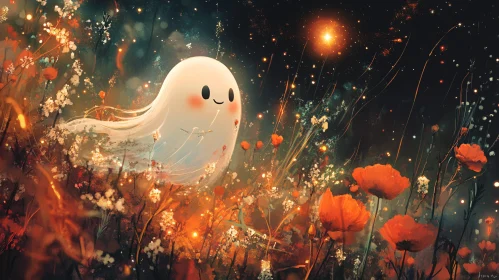 Ethereal Ghost Among Flowers Illustration