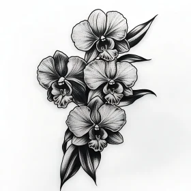 Detailed Black and White Orchid Art