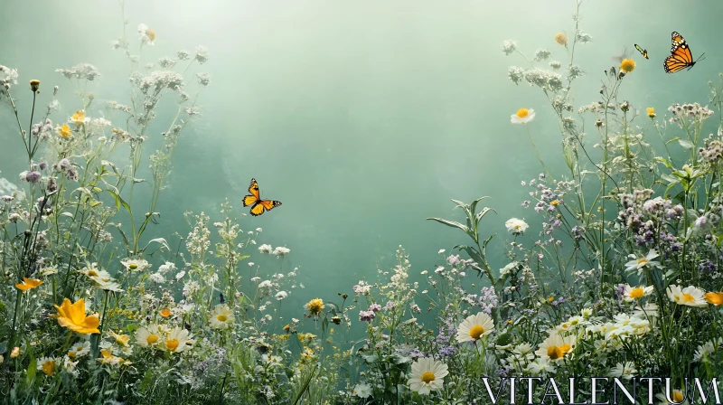 Butterflies in a Floral Landscape AI Image