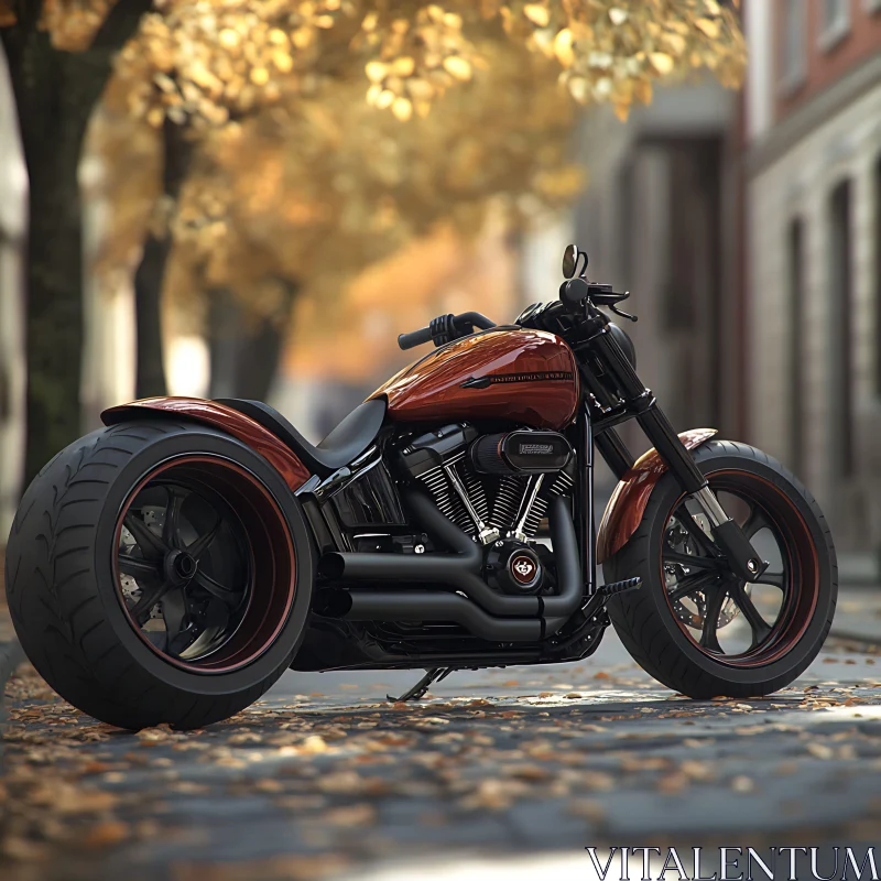 Custom Motorcycle on Leafy Street AI Image