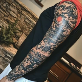 Detailed Pagoda Sleeve Tattoo