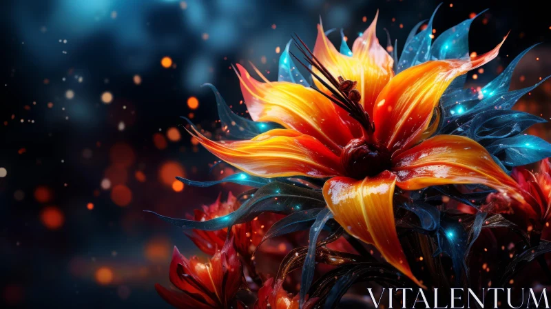 Abstract Floral Fantasy: Orange Bloom in Dark Setting AI Image