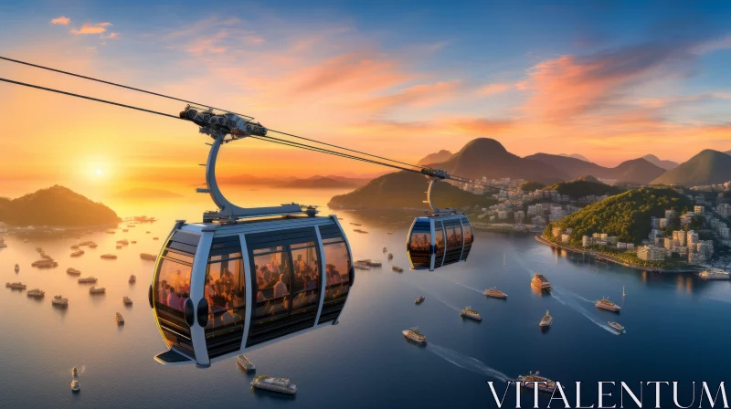 Aerial Gondola Ride at Sunset over Downtown Rio: A Captivating Tourist Attraction AI Image