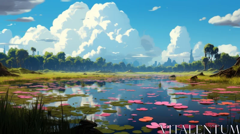 Anime Art Inspired Lily Pond with Trees and Sky AI Image