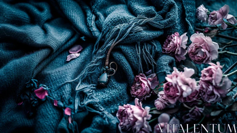 Blue Scarf and Pink Roses: A Serene Still Life AI Image