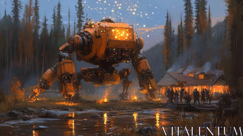 Mechanical Giant Near a Cozy Cabin AI Image