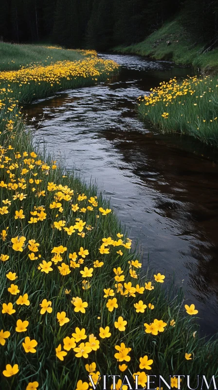 AI ART Peaceful River and Vibrant Yellow Flowers in a Lush Meadow