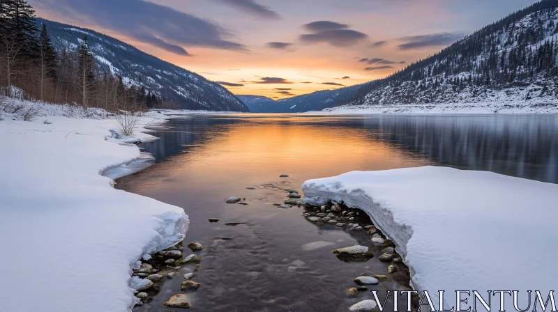 AI ART Peaceful Evening Landscape with Snow, River, and Mountains