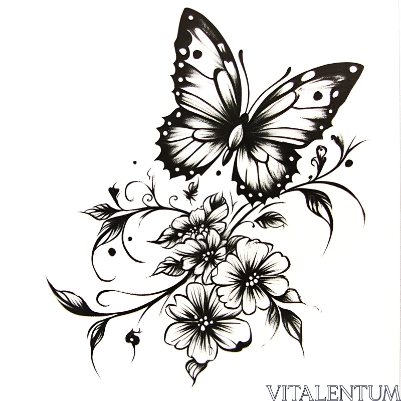 Monochrome Butterfly and Blossoms Artwork AI Image