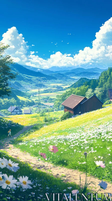 AI ART Anime Style Landscape with Flowers and Mountains