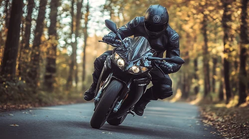 Biker on Motorcycle in the Autumn Forest