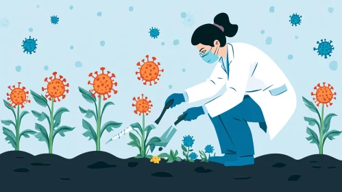 Doctor tending to virus flower garden