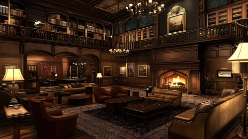 Opulent Library Room with Warm Fire