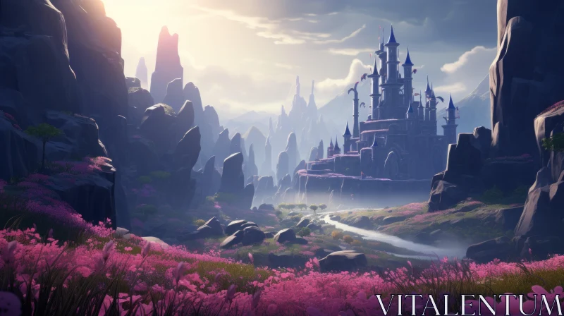 Enchanting Fantasy Landscape with Floral Forest and Castle AI Image
